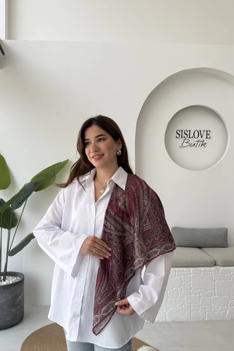 Etnik Desenli Bordo Fular/Eşarp