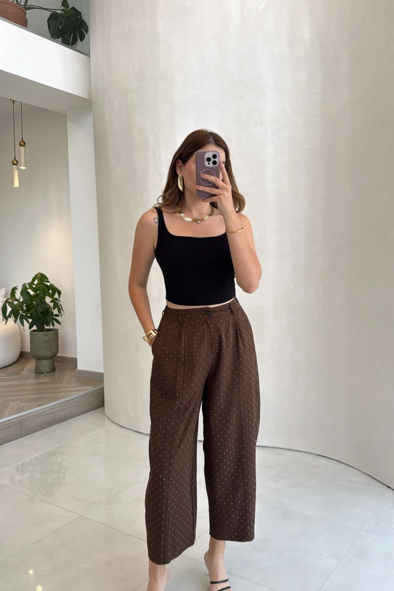 Etoile Dökümlü Taşlı Pantolon - Kahve - Kod: 51434