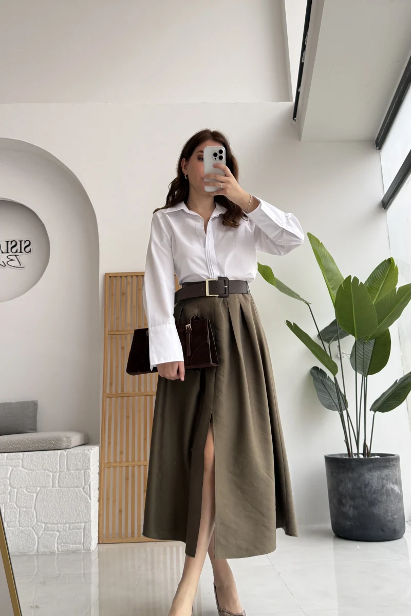 Fancy Kemerli Yırtmaçlı Midi Etek - Haki