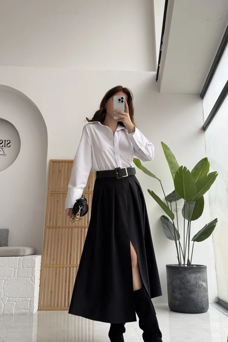 Fancy Kemerli Yırtmaçlı Midi Etek - Siyah