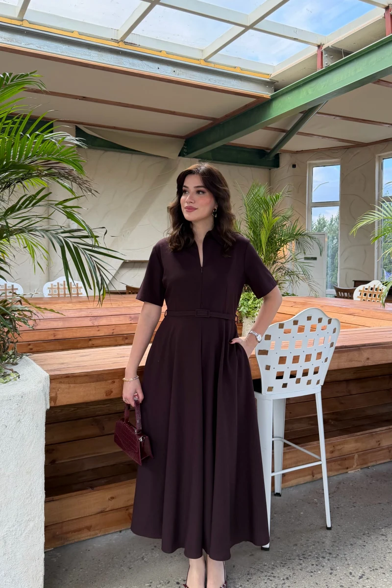 Sia Kısa Kol Kemerli Elbise - Mürdüm - Kod: 2341