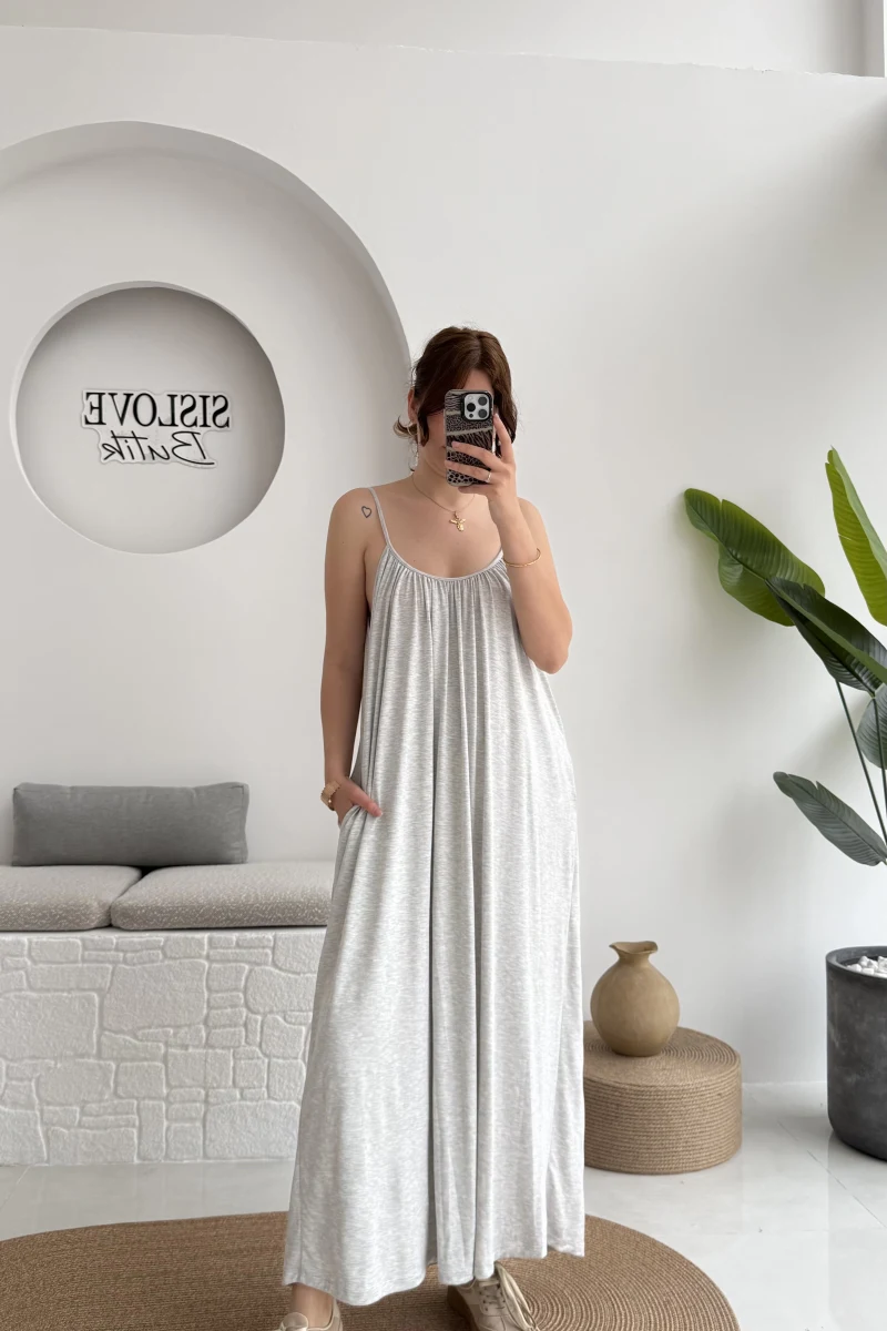 Fast Dökümlü Modal Elbise - Gri - 3224