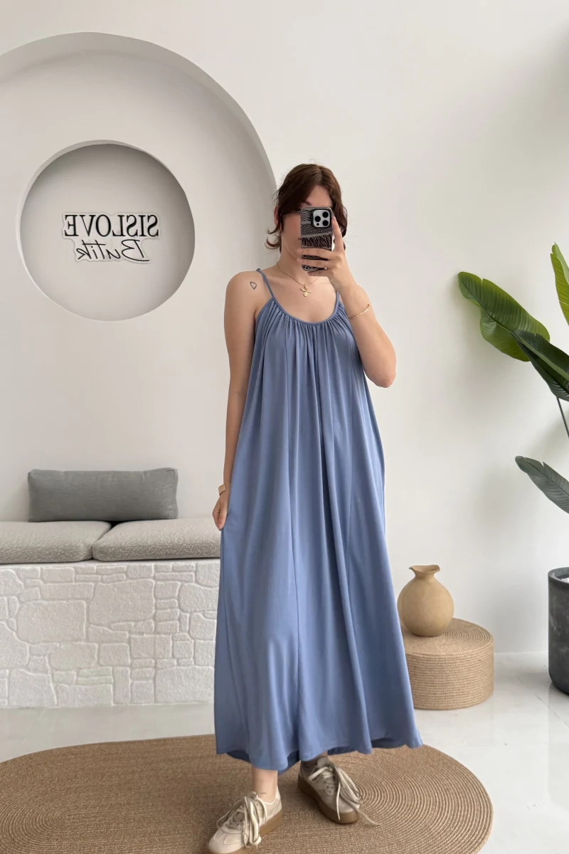 Fast Dökümlü Modal Elbise - İndigo - 3224