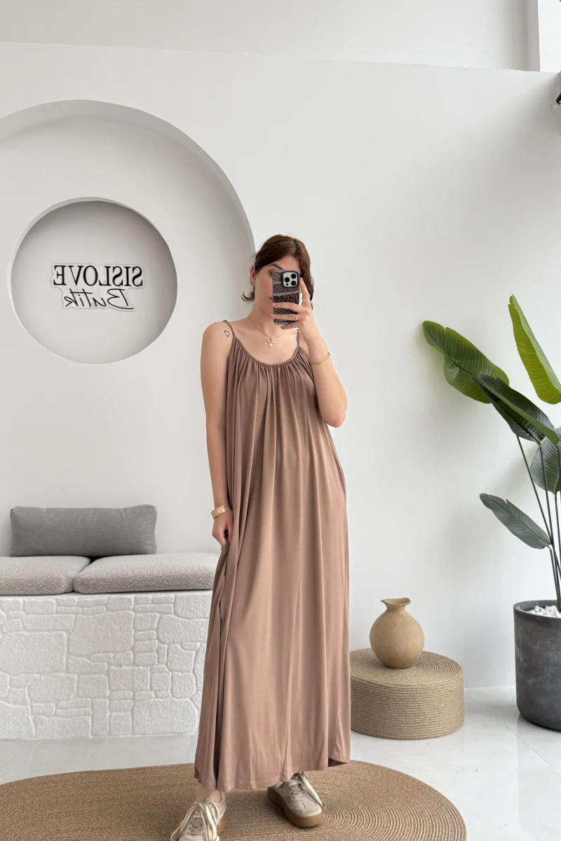 Fast Dökümlü Modal Elbise - Kahve - 3224