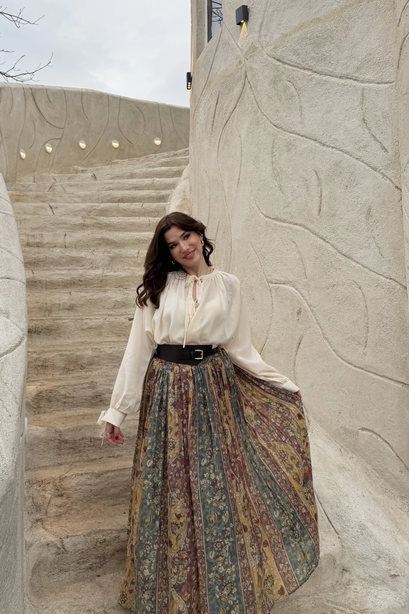 Faylinn Kemerli Baskılı Etek - Yeşil - Kod: 3374