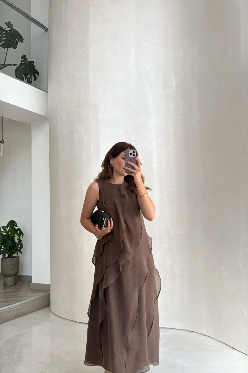 Felicity Astarlı Pelerin Elbise - Kahve - Kod: 3450
