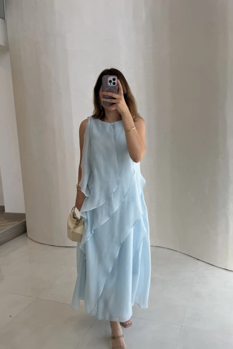 Felicity Astarlı Pelerin Elbise - Mavi - Kod: 3450