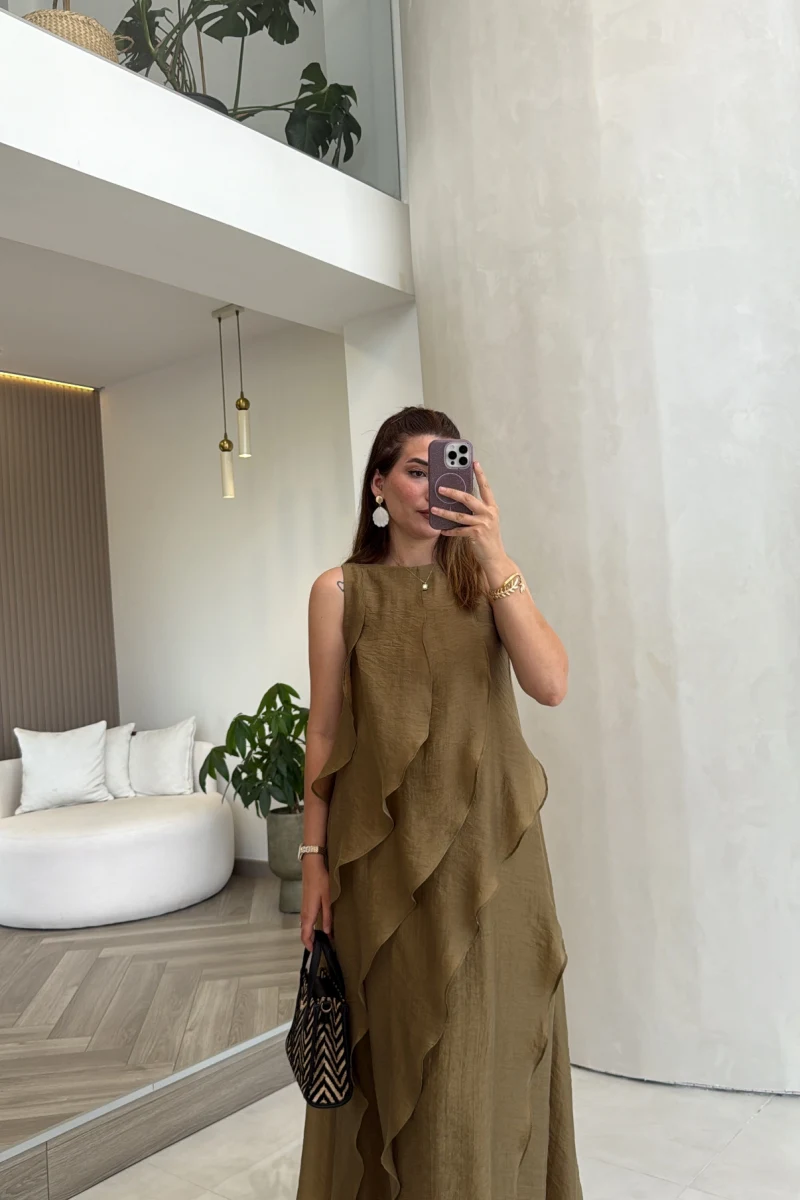 Felicity Astarlı Pelerin Elbise - Olive - Kod: 3450