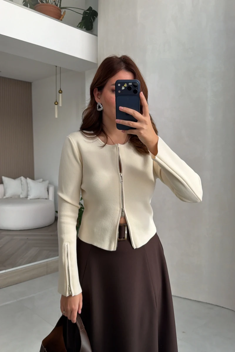 Fermuar Detay Triko Hırka - Krem - Kod: 2796