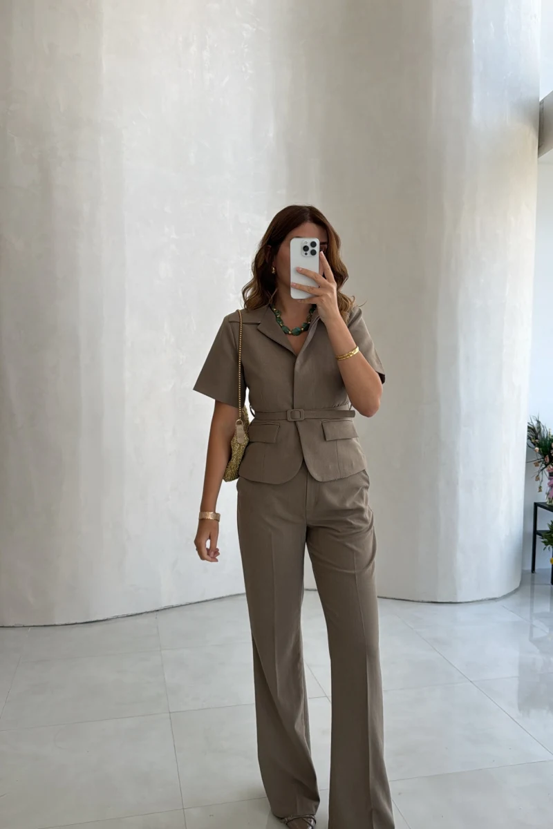 Fiona Kemerli İspanyol Paça Pantolon Yelek Takım - Haki - Kod: 9214
