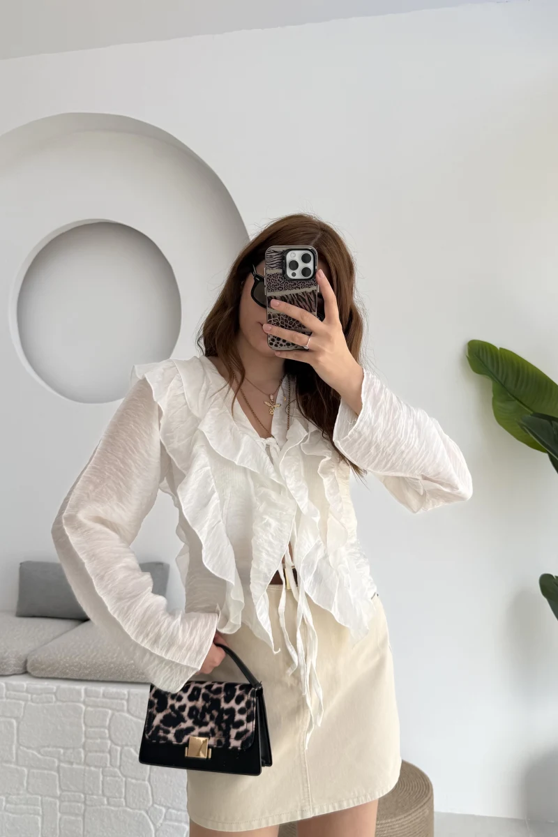 Fırfırlı Bağlamalı Gömlek Beyaz