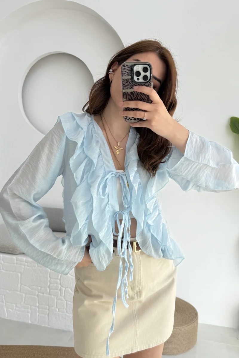 Fırfırlı Bağlamalı Gömlek Mavi