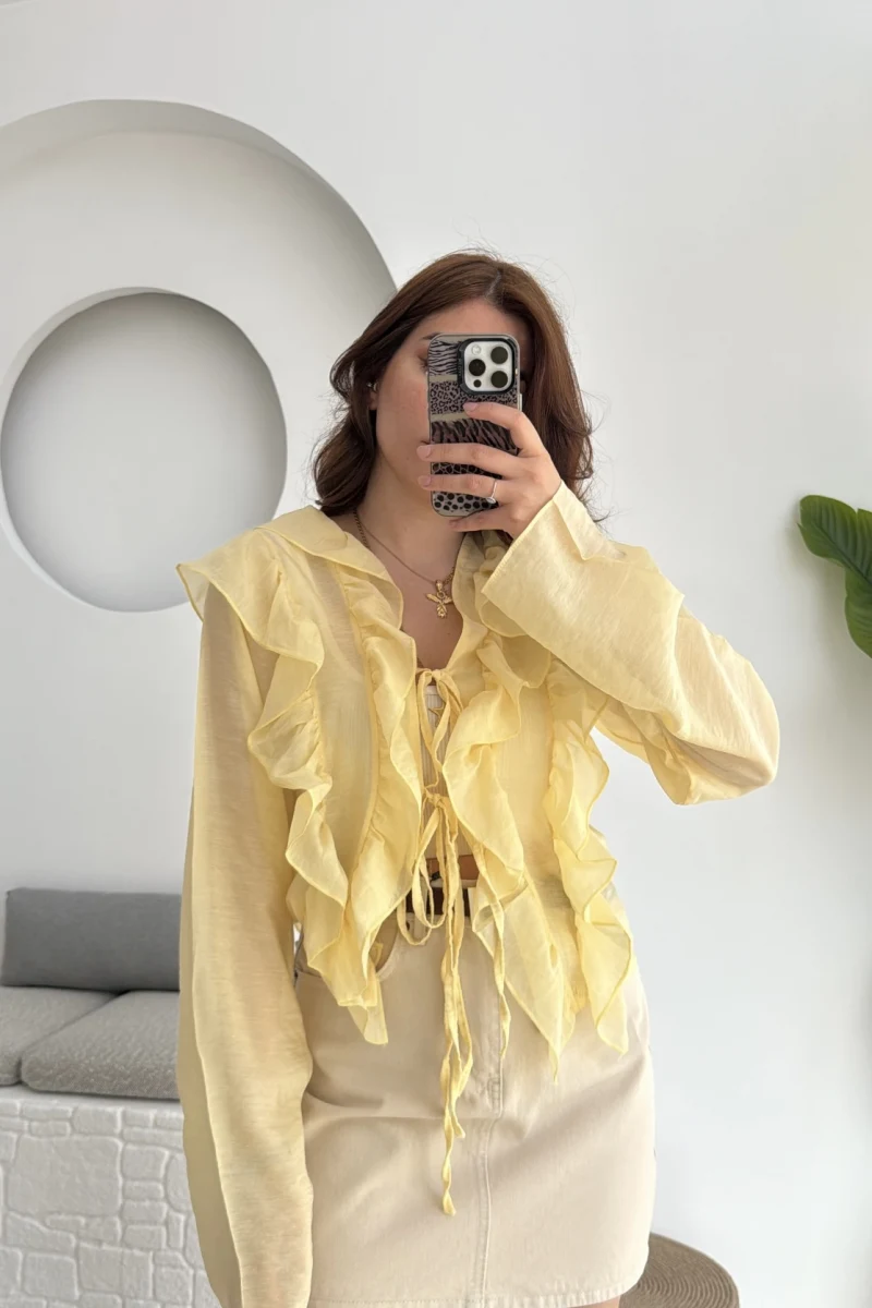 Fırfırlı Bağlamalı Gömlek Sarı