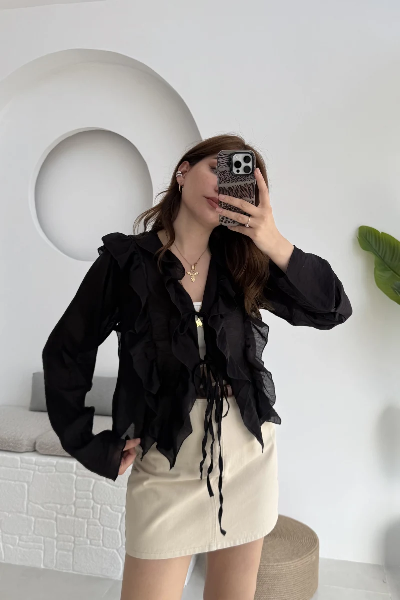 Fırfırlı Bağlamalı Gömlek Siyah