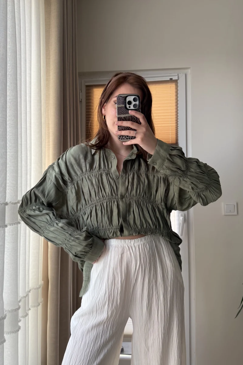 Fırfırlı Lastikli Gömlek Haki