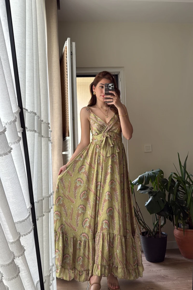 Fiona Özel Tasarım Yeşil Saten Elbise