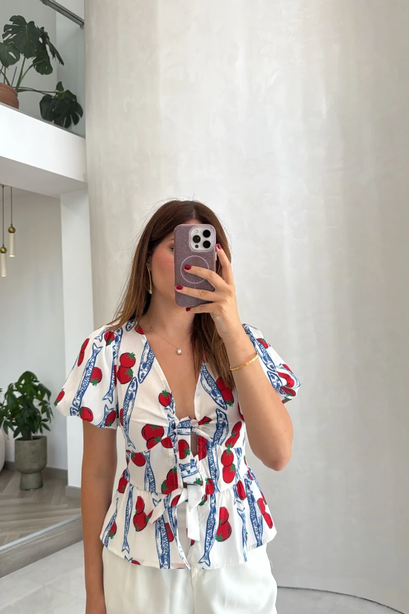 Fiyonklu Desenli Bluz - Beyaz - Kod: 3285