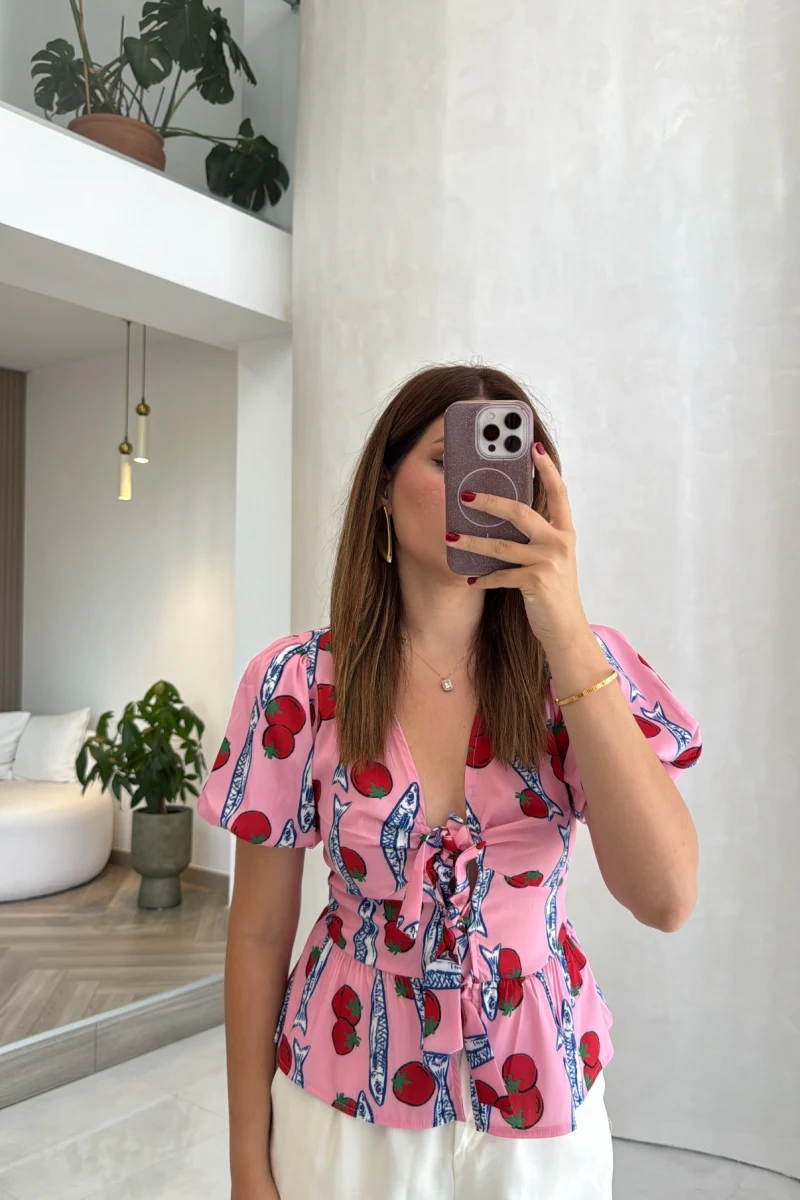 Fiyonklu Desenli Bluz - Pembe - Kod: 3285