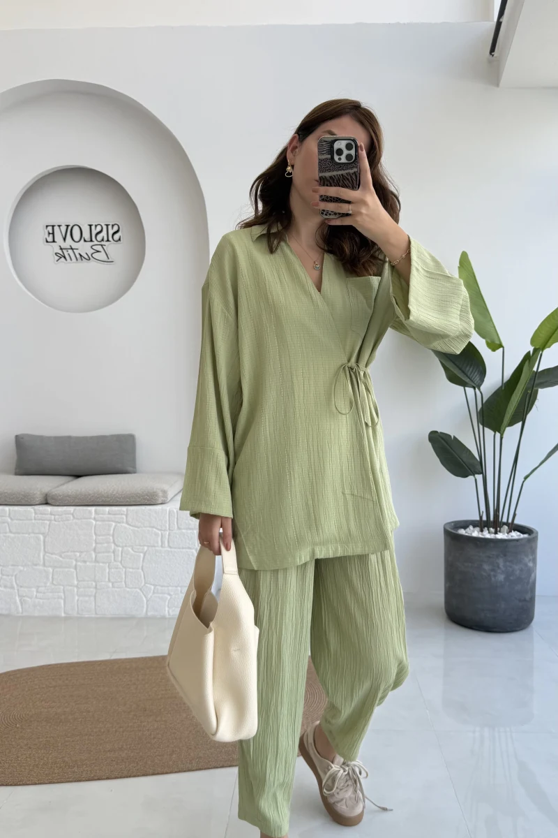 Flamin Yandan Bağlamalı Kimono Şalvar Takım - Yeşil - 8019