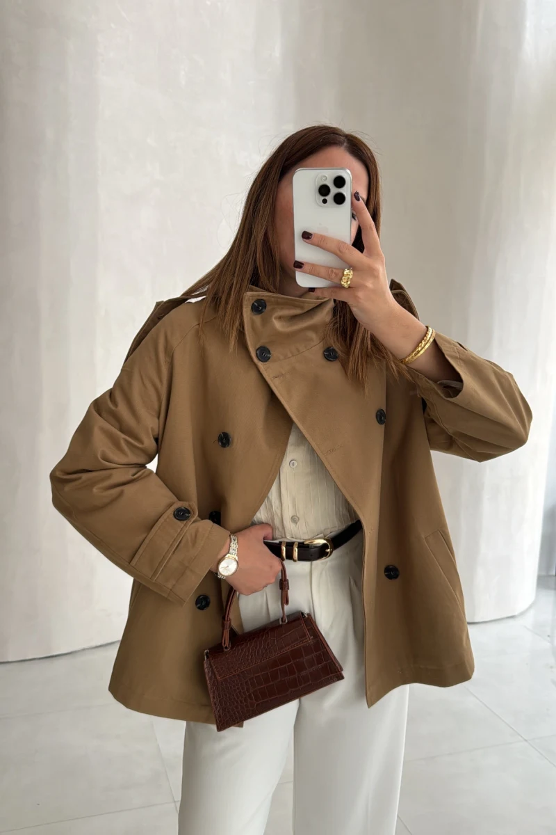 Flawles Dik Yakalı Kısa Trençkot - Camel - Kod: 7761