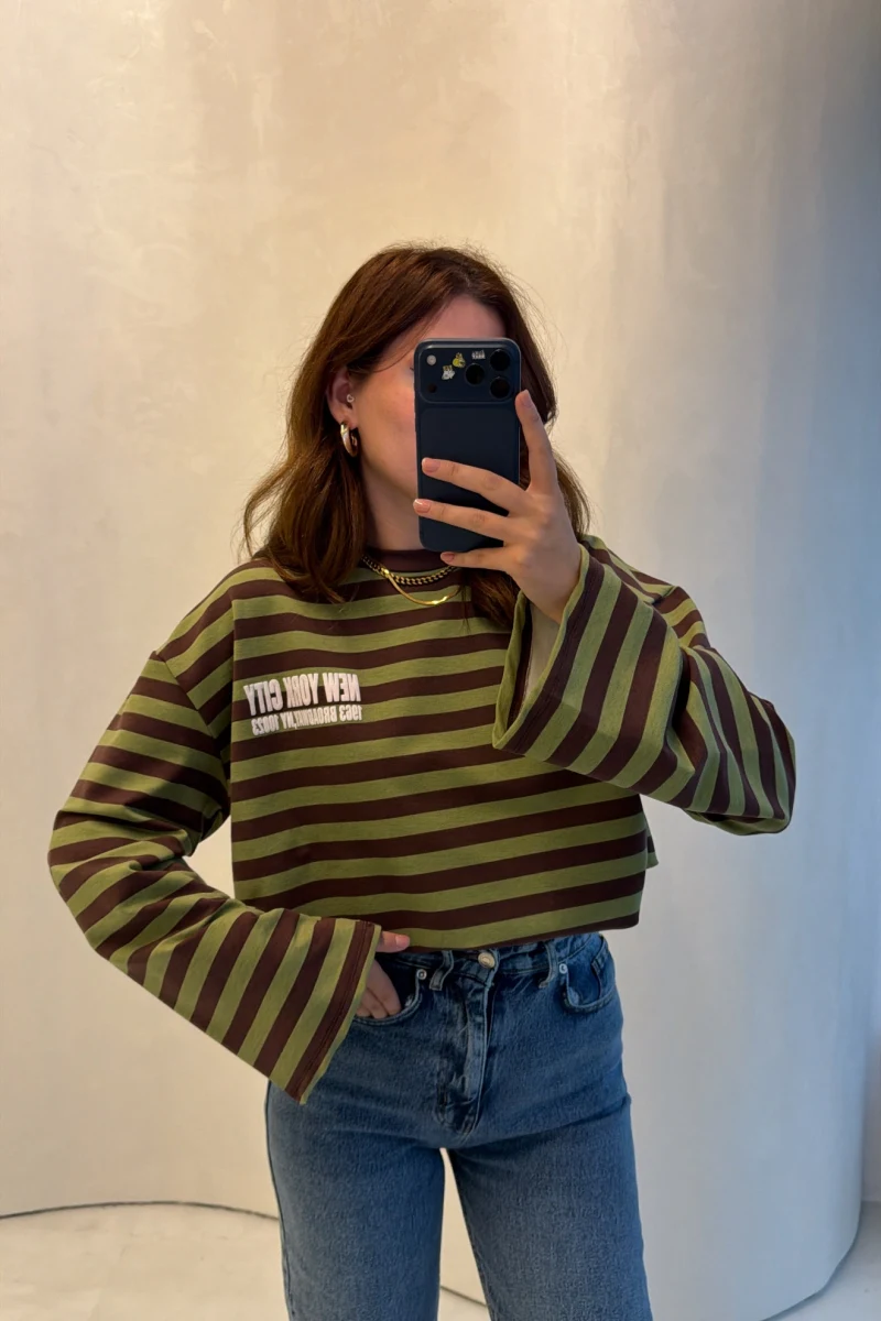 Flex Çizgili Baskı Detay Sweatshirt - Haki - Kod: 1130
