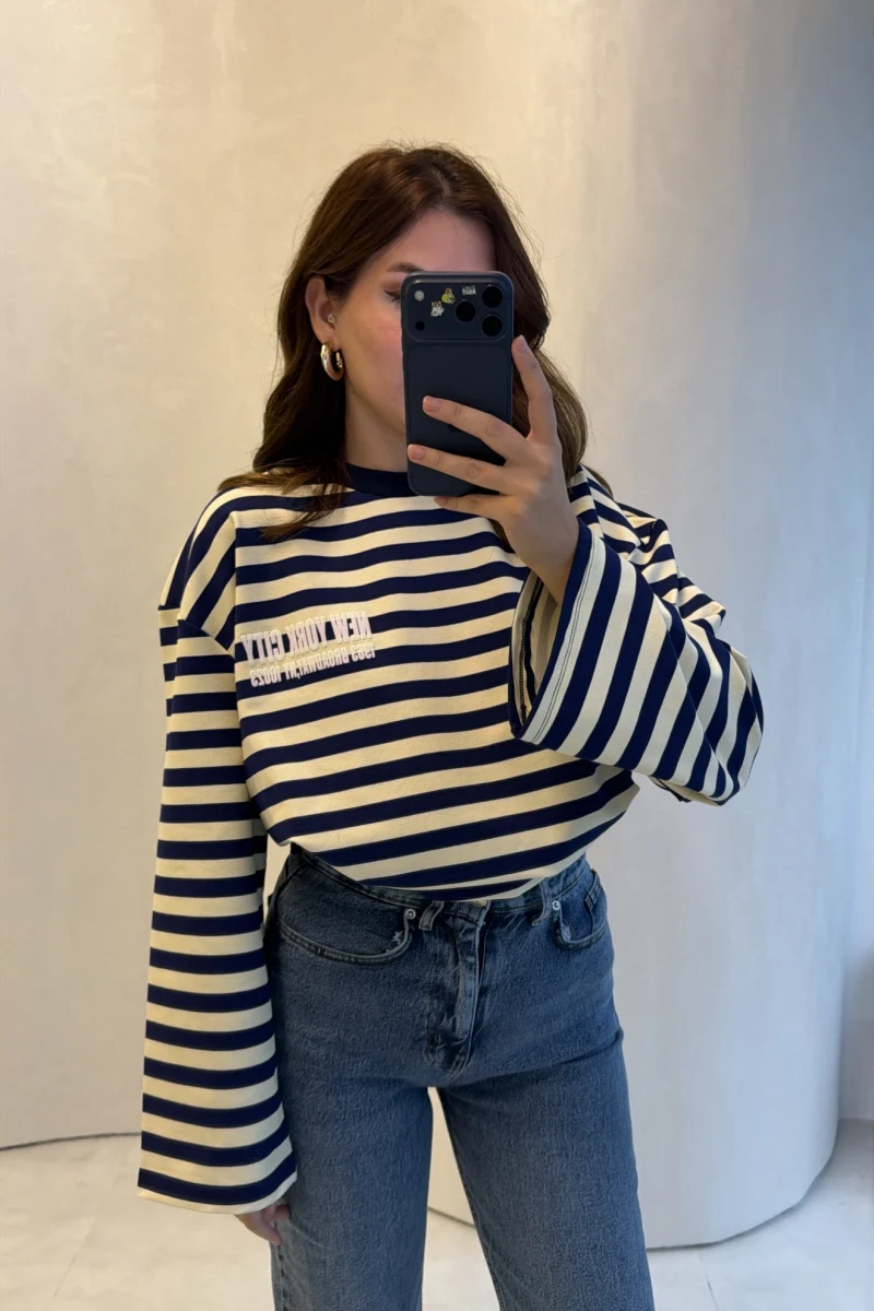 Flex Çizgili Baskı Detay Sweatshirt - Lacivert - Kod: 1130