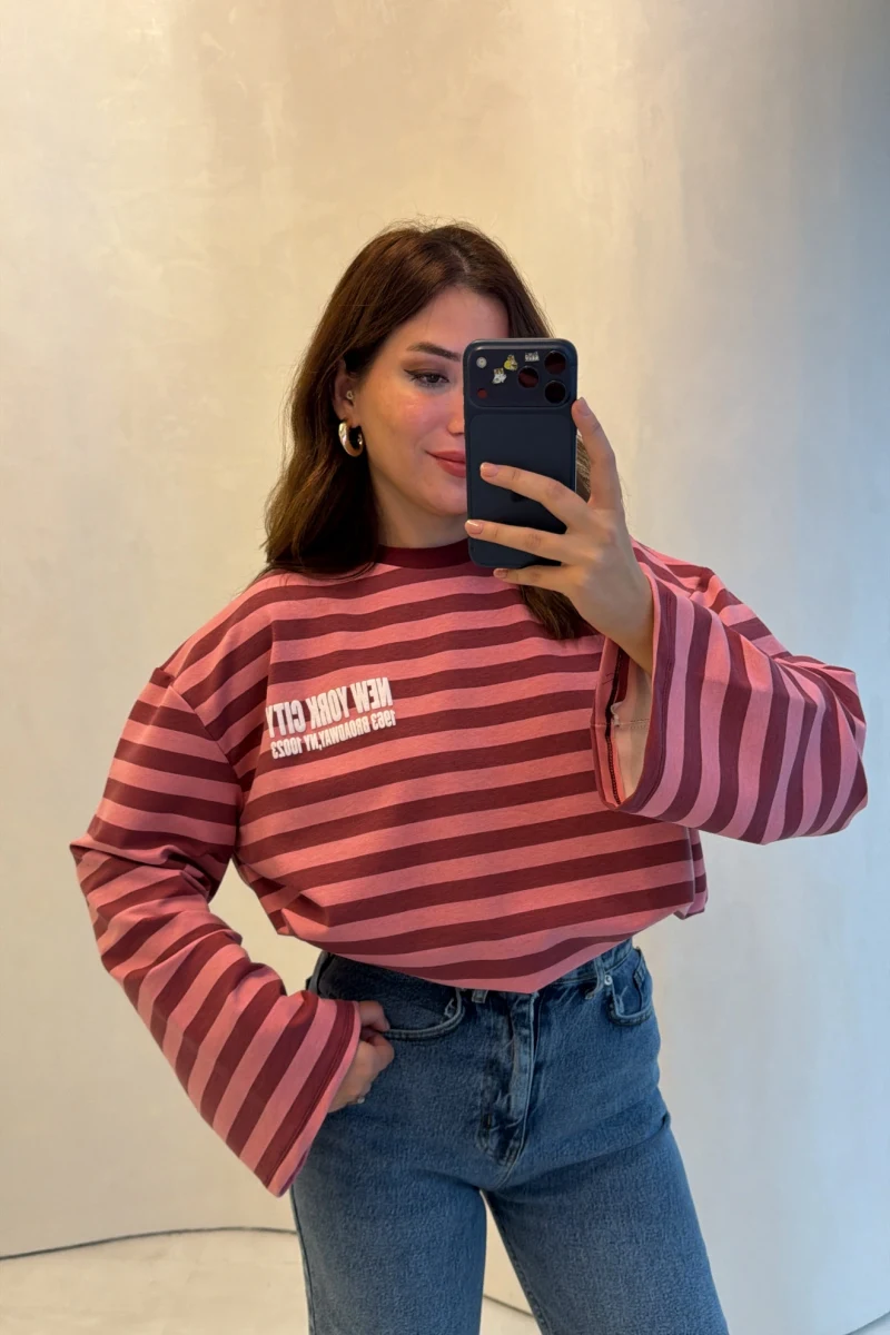 Flex Çizgili Baskı Detay Sweatshirt - Pembe - Kod: 1130