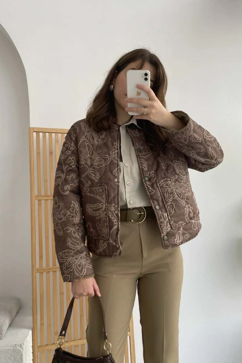 Floral Kapitone Ceket - Haki