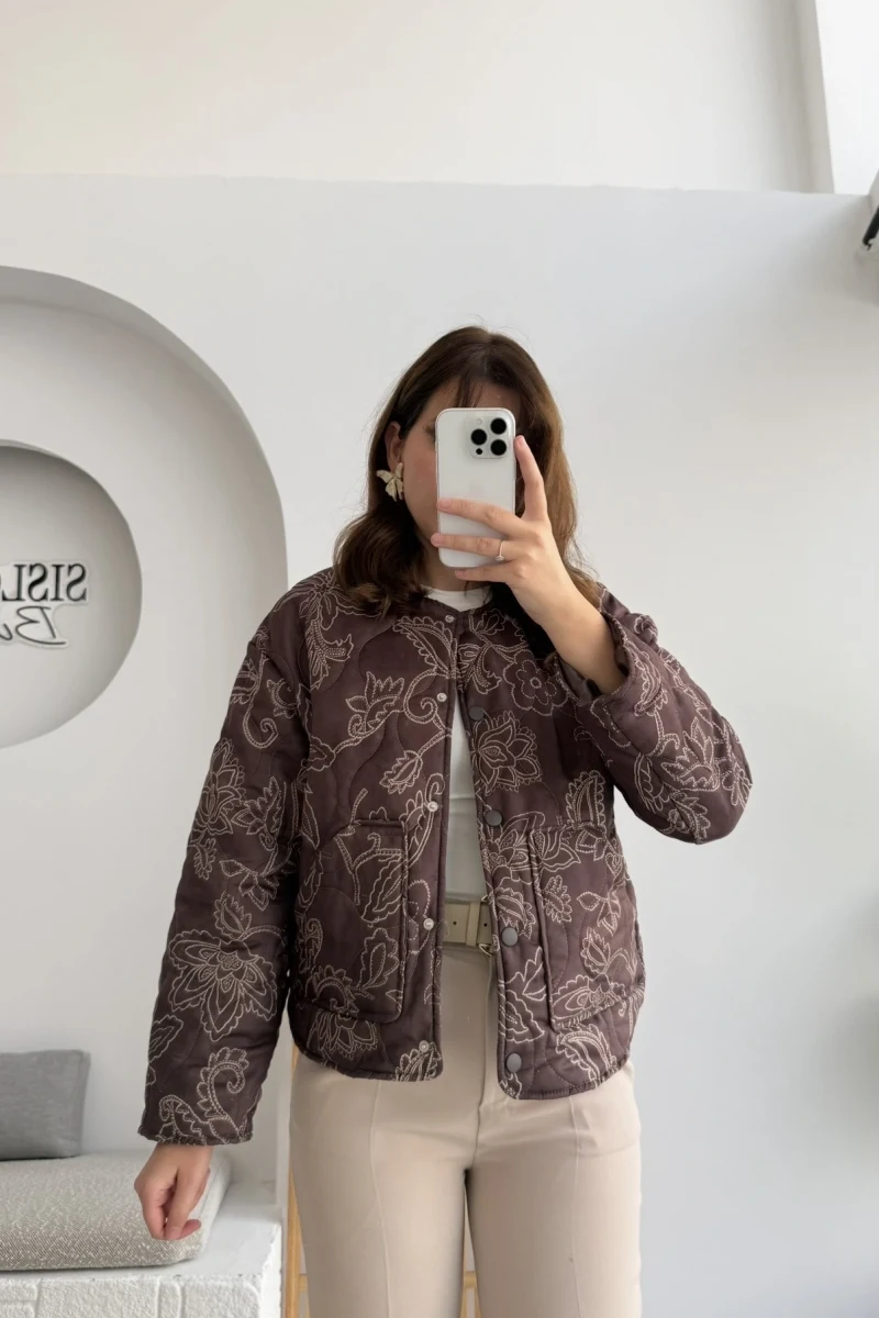 Floral Kapitone Ceket - Kahverengi