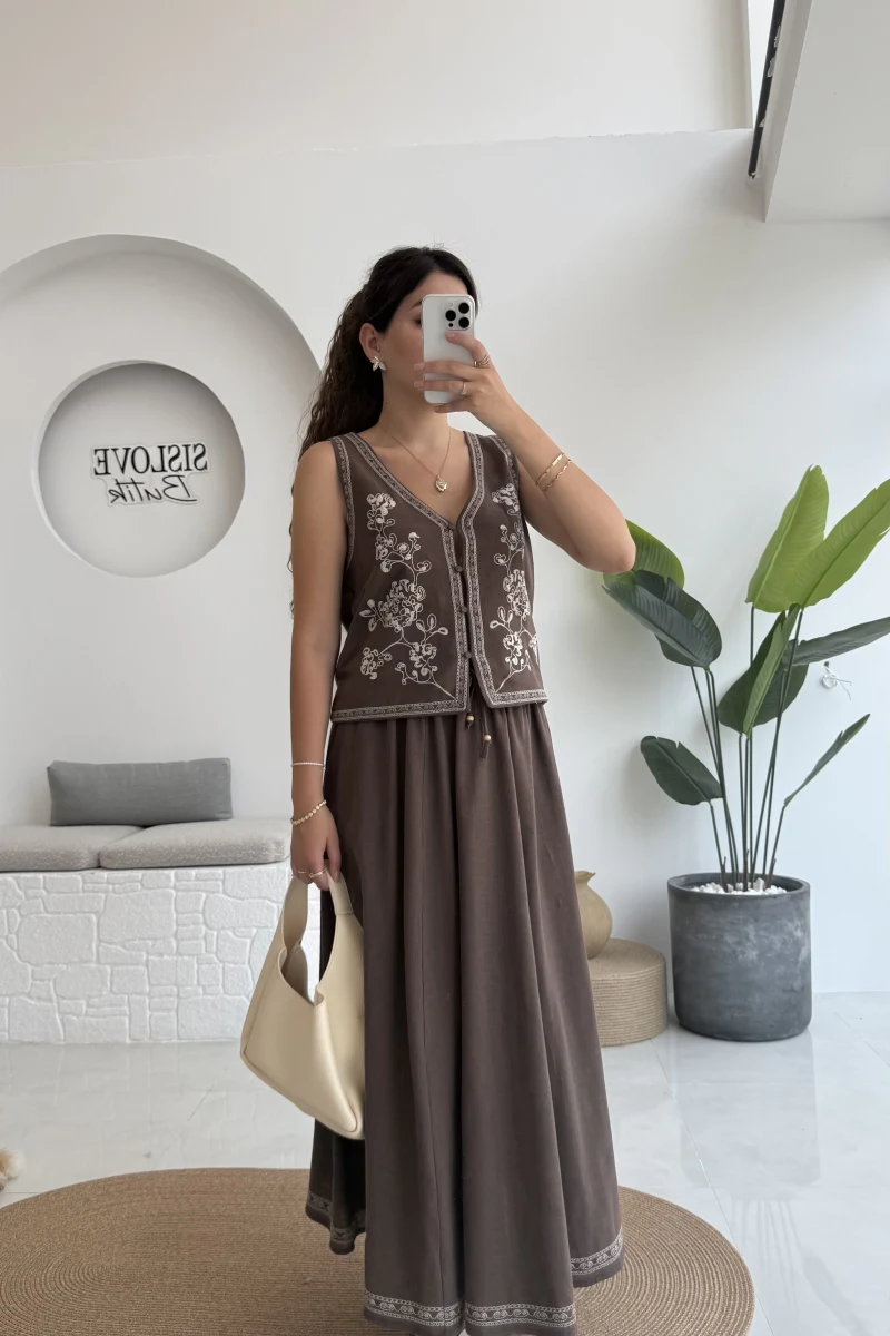 Florida Nakış İşlemeli Yelek Etek Takım - Kahve - 8018