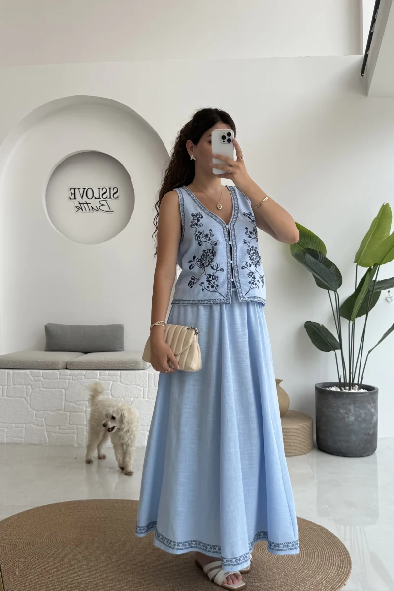 Florida Nakış İşlemeli Yelek Etek Takım - Mavi - 8018