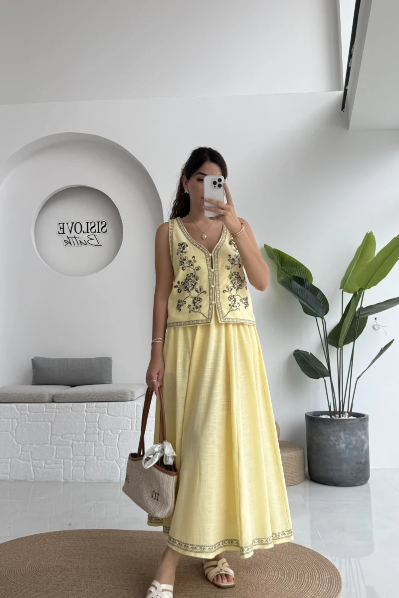 Florida Nakış İşlemeli Yelek Etek Takım - Sarı - 8018