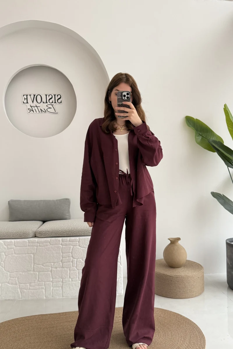 Flower Gömlek Pantolon Takım - Bordo