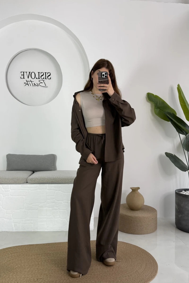 Flower Gömlek Pantolon Takım - Kahve