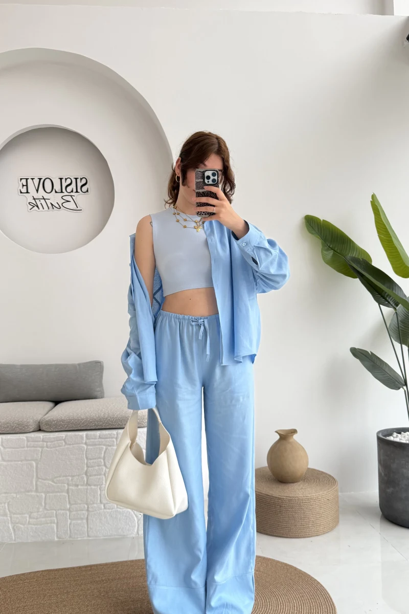 Flower Gömlek Pantolon Takım - Mavi