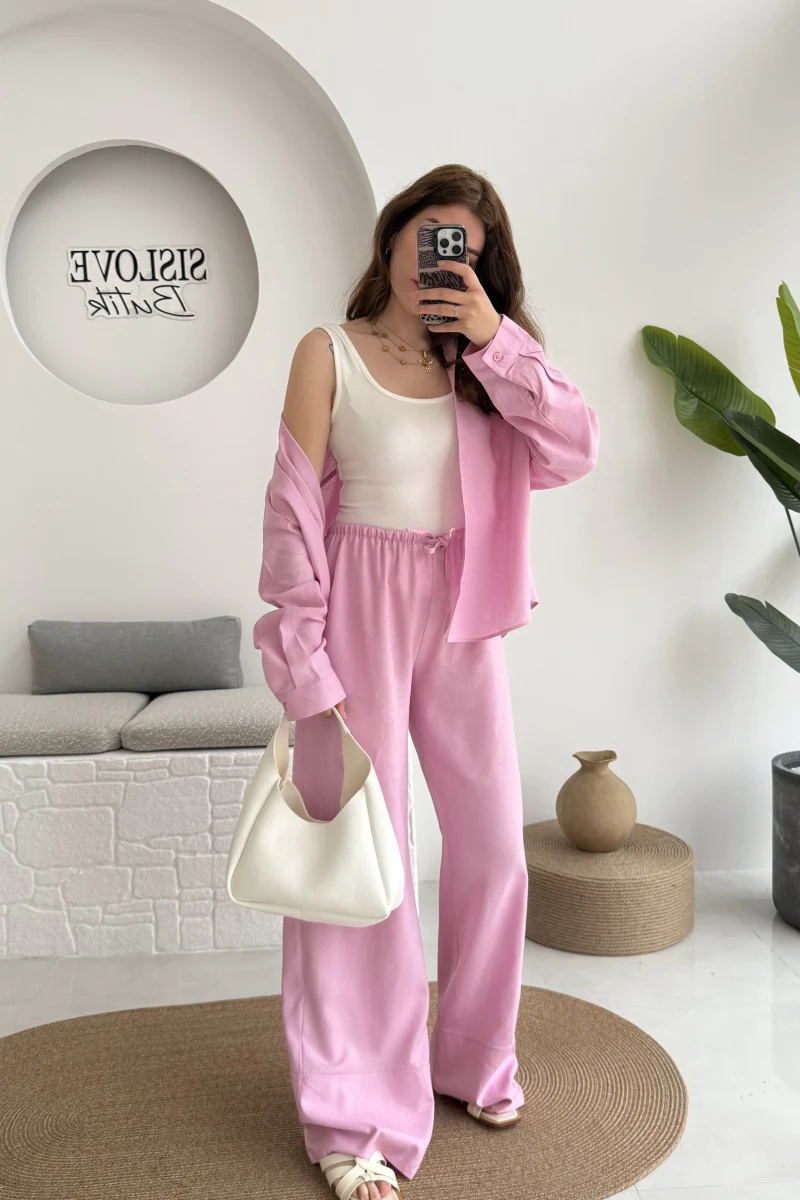 Flower Gömlek Pantolon Takım - Pembe