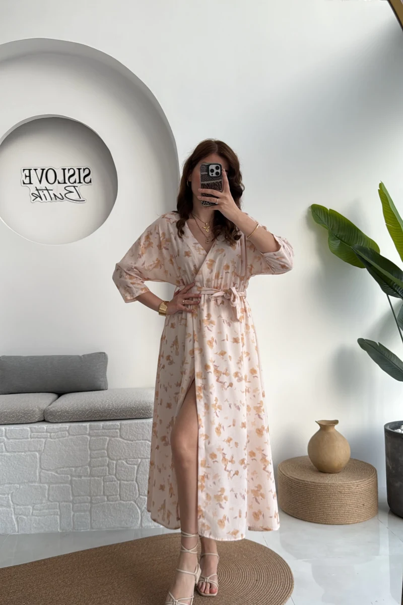 Forrest - Çiçek Detaylı Astarlı Elbise - Bej - 3039