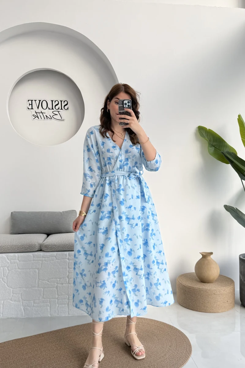 Forrest - Çiçek Detaylı Astarlı Elbise - Mavi - 3039