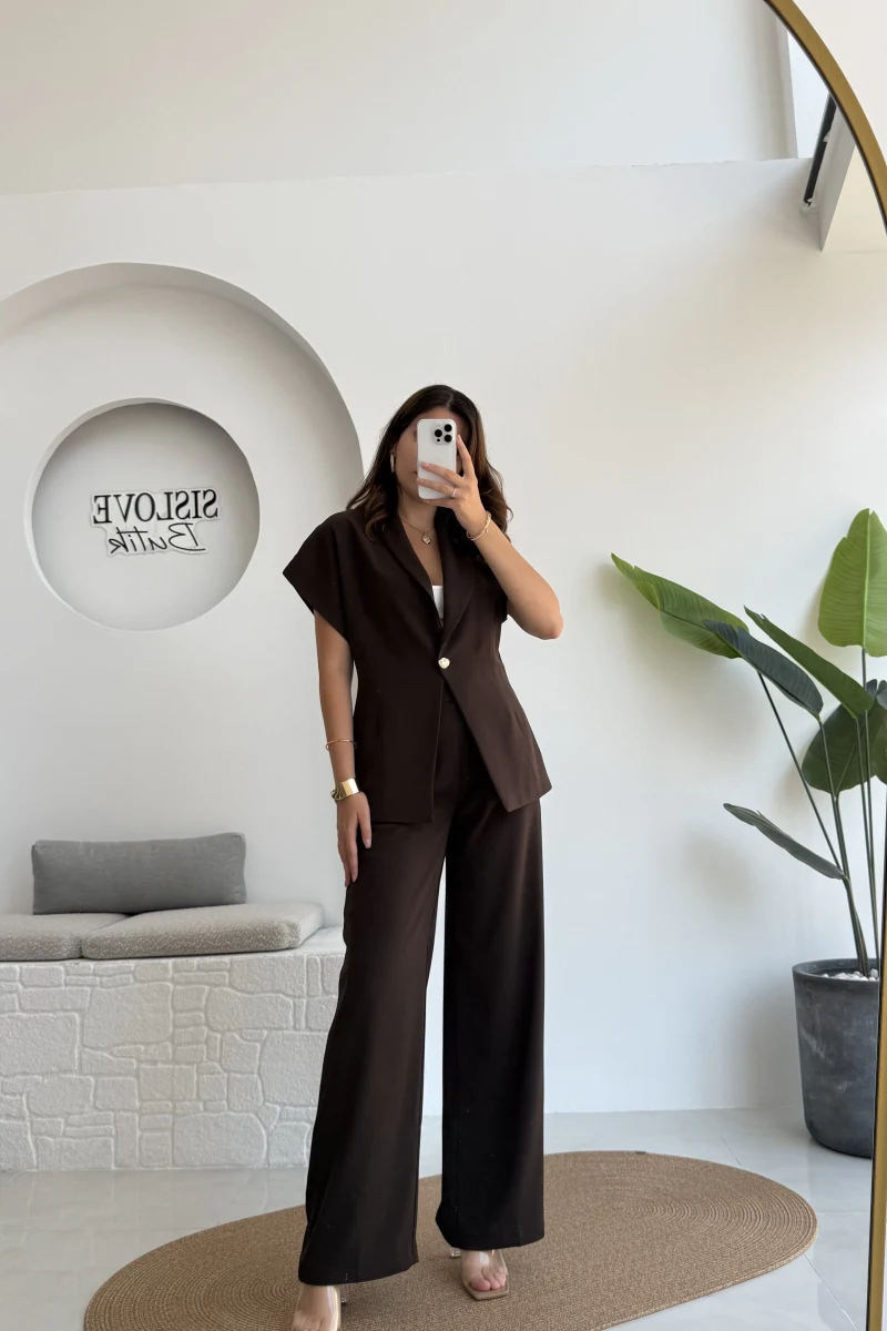 Fragile Şal Yaka Yelek Pantolon Takım - Acı Kahve - Kod: 8789