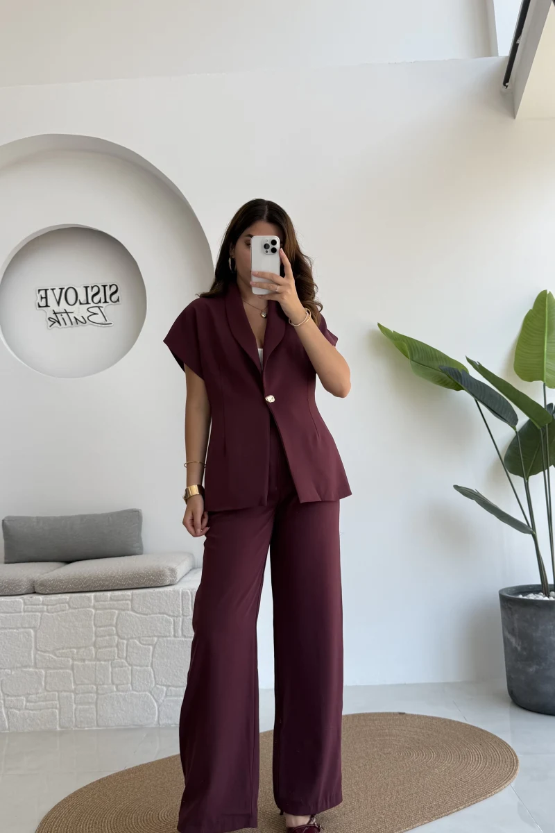 Fragile Şal Yaka Yelek Pantolon Takım - Bordo - Kod: 8789