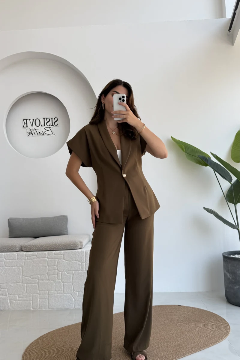 Fragile Şal Yaka Yelek Pantolon Takım - Kahverengi - Kod: 8789