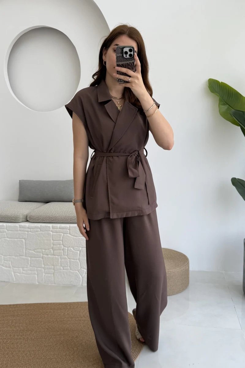 Frondi Tensel Kahve Yelek Kuşaklı Takım KOD:3789