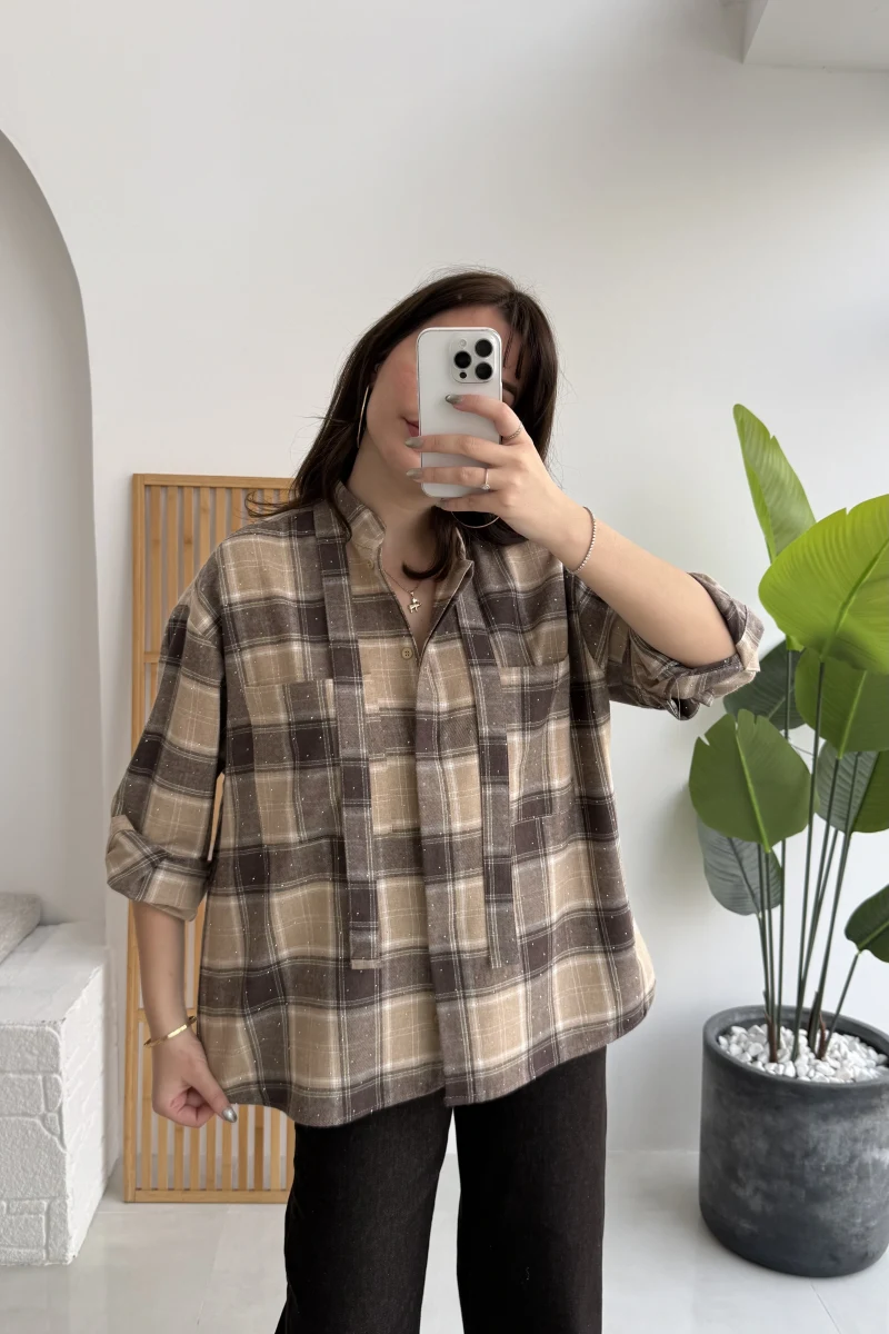 Fular Bağlamalı Taşlı Gömlek - Taş - Kod: 2180