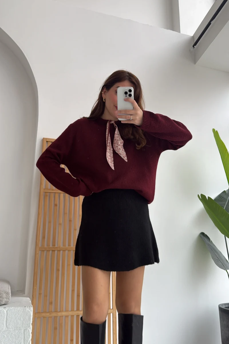 Fular Bağlamalı Uzun Kol Kazak - Bordo