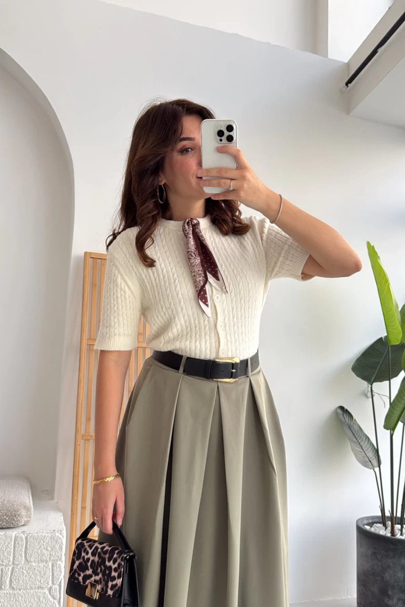 Fularlı Saç Örgü Hırka - Ekru