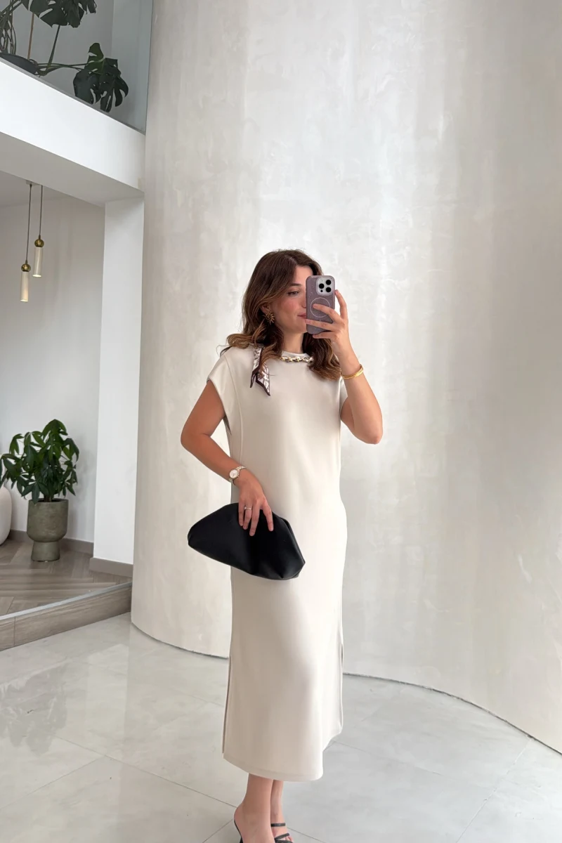 Fularlı Zincir Detay Elbise - Taş - Kod: 4163