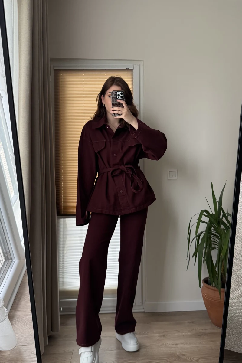Gabardin Kuşaklı Ceket Takım - Bordo