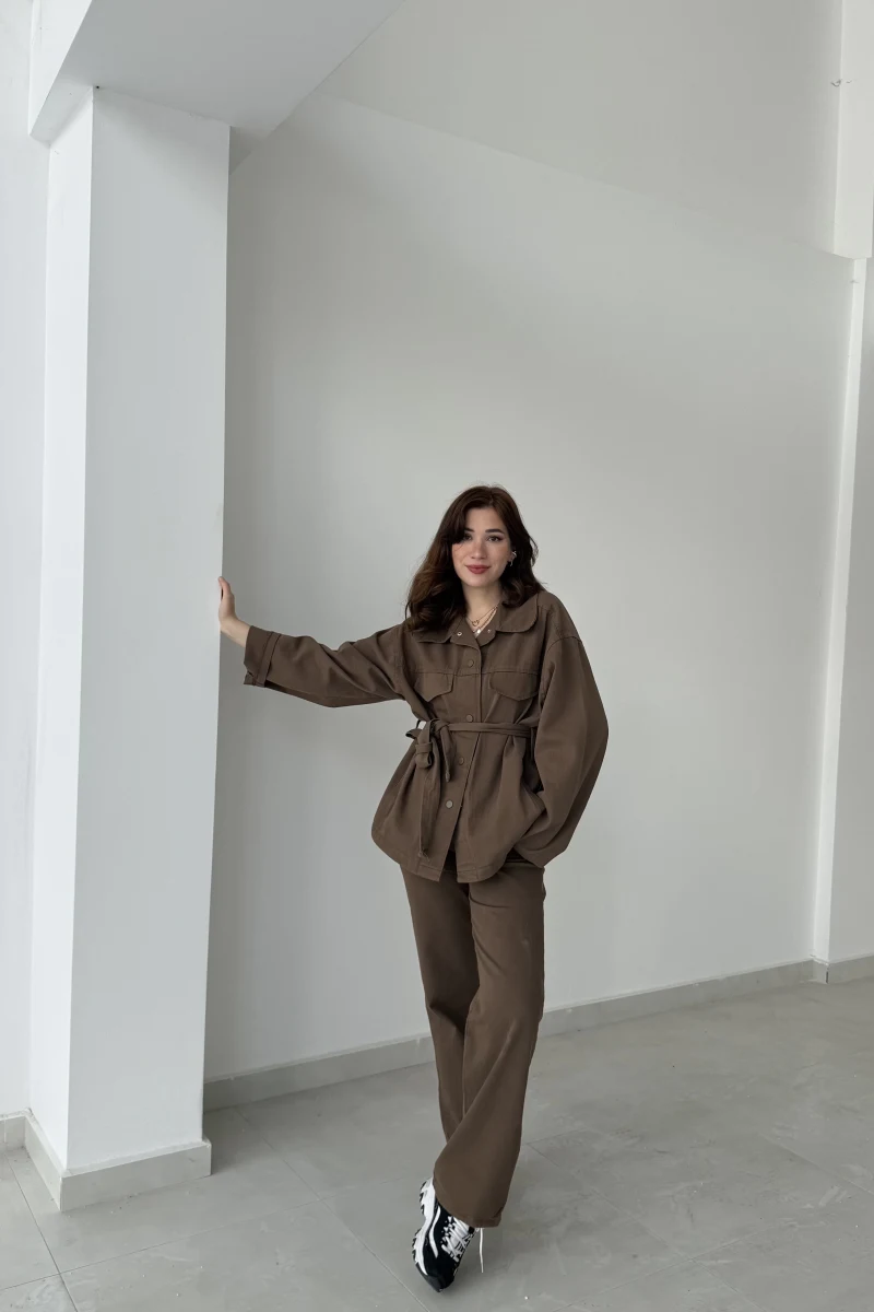 Gabardin Kuşaklı Ceket Takım - Kahve
