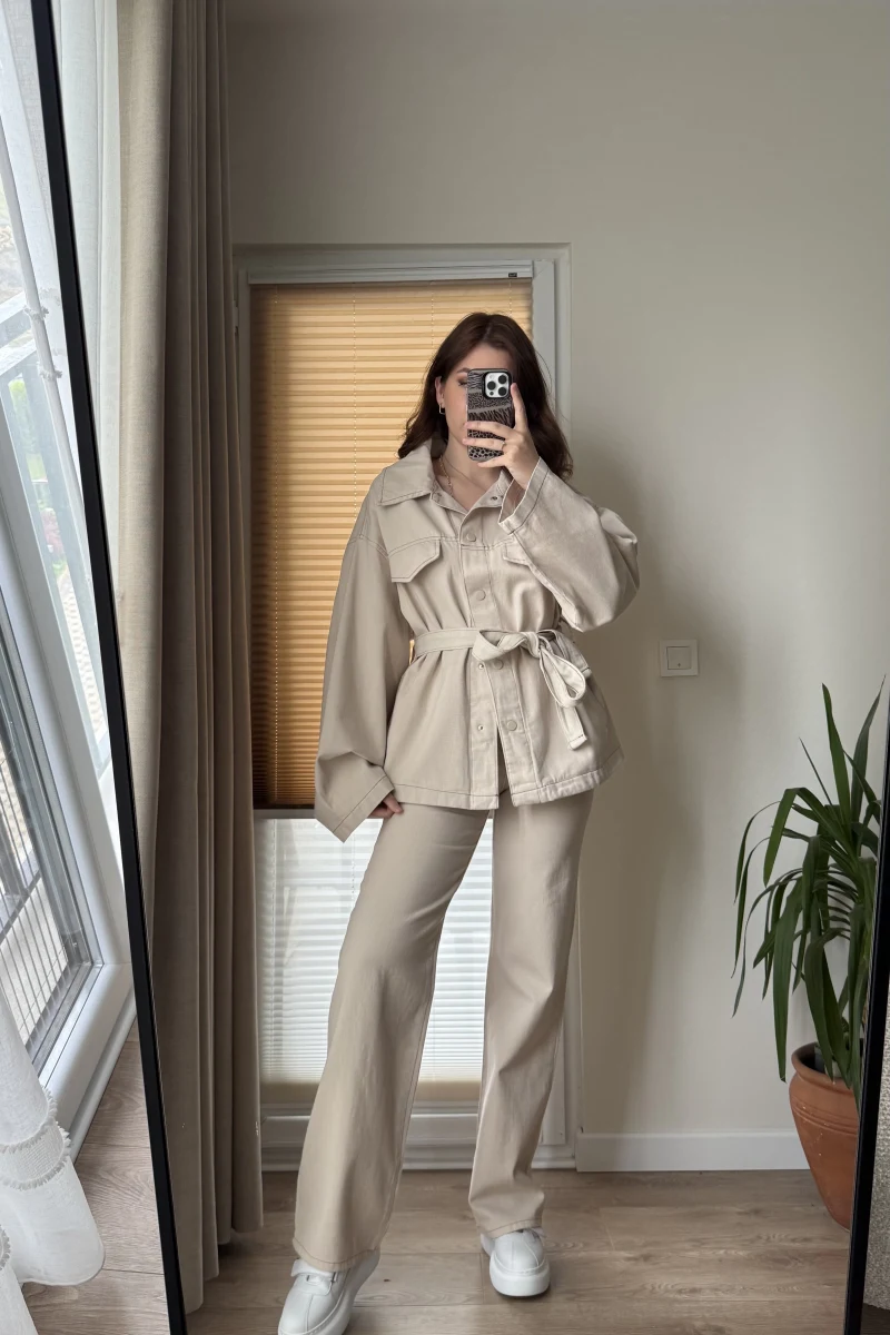 Gabardin Kuşaklı Ceket Takım - Taş