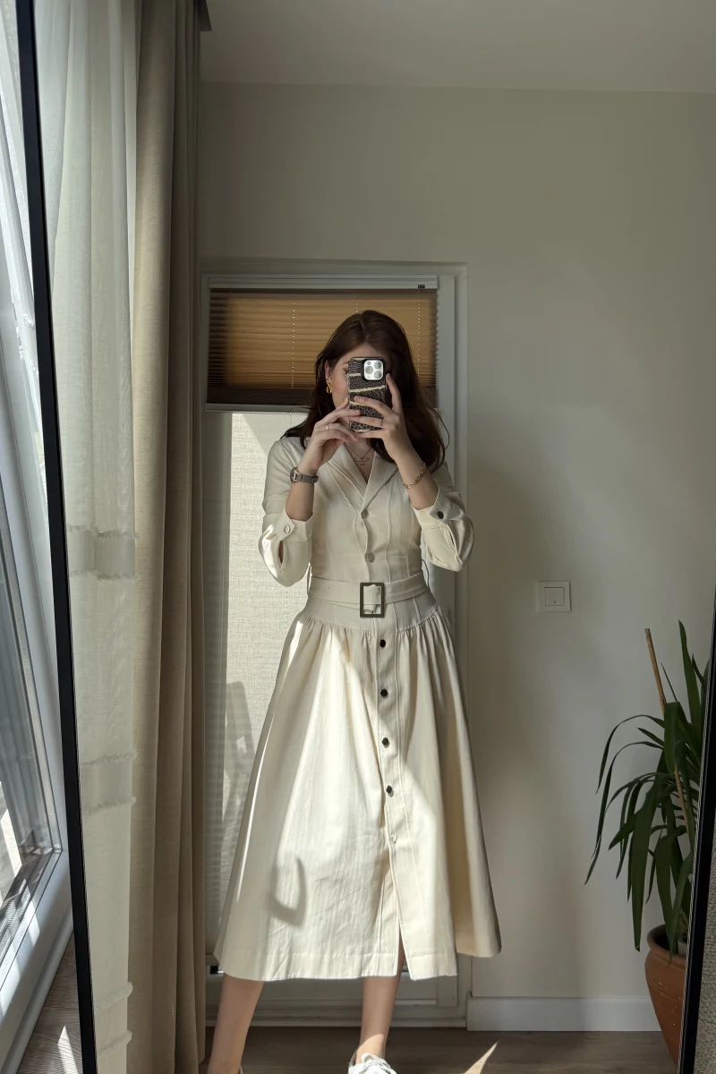 Gabardin Kuşaklı Prenses Elbise Krem